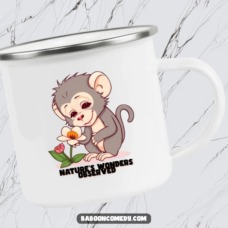 Funny camping mug featuring a baboon with a look of delight curiously examining a peculiar, blooming flower.