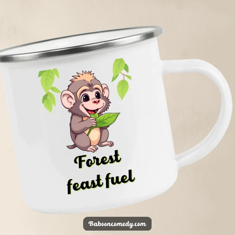 Funny camping mug featuring a baboon happily chewing on a tasty leaf, ideal for enjoying nature's delights.