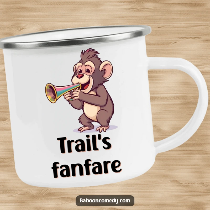 Funny camping mug with a cheerful baboon playing a big, loud trumpet, perfect for outdoor adventures and music lovers.