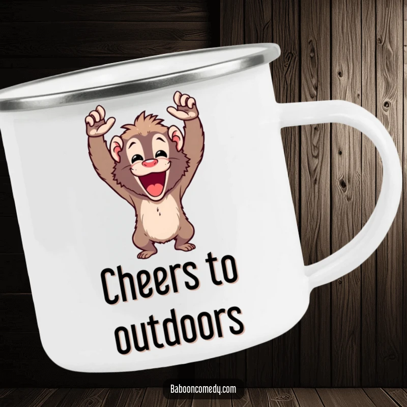 Funny cheering baboon camping mug with a happy ape raising arms in a cheer, perfect for outdoor beverages.