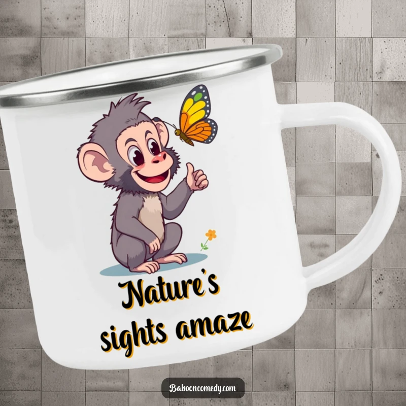 Funny camping mug featuring a curious baboon pointing excitedly at a colorful butterfly, ideal for adventurers who love discovery and nature.
