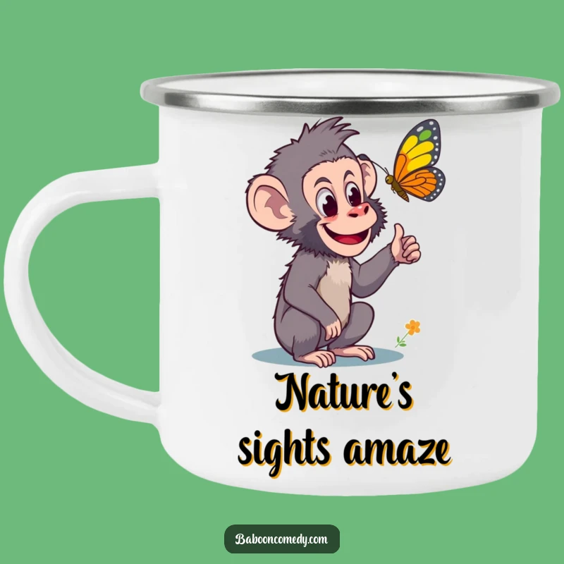Funny Curious Baboon Camping Mug - Explore Butterfly Wonders