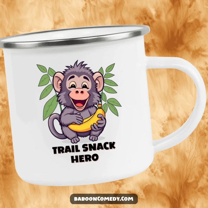 Funny Kawaii Baboon Camping Mug, showing a cute baboon excitedly sharing a bunch of ripe bananas with an open palm.