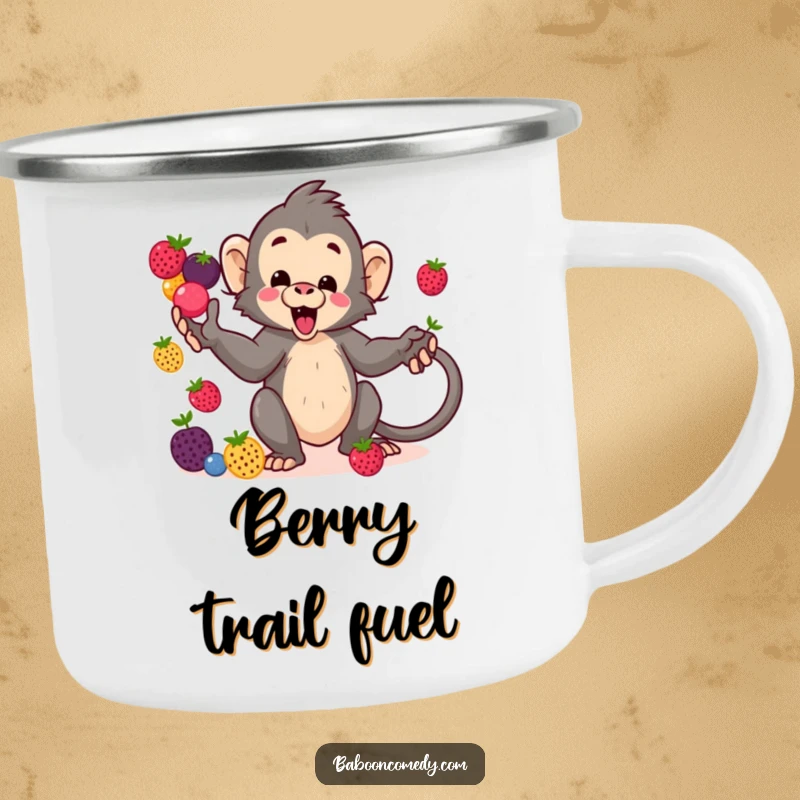 Funny kawaii baboon camping mug, a playful primate juggling berries with its tail, ideal for outdoor adventures and laughs.