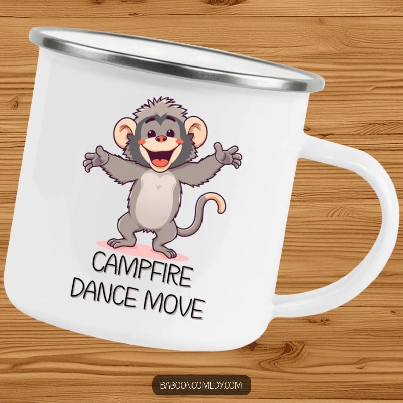 Funny kawaii baboon camping mug, dancing energetically in the wilderness, a humorous and robust outdoor accessory.