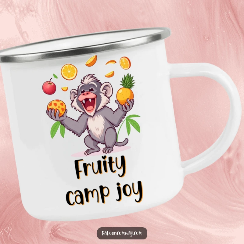 Funny Kawaii baboon camping mug, showing a gleeful primate tossing tropical fruits in the air and catching them, perfect for sunny adventures.