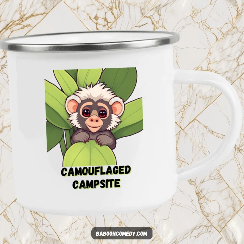 Funny Kawaii Baboon Camping Mug, showing a cute baboon peeking playfully from behind a large, leafy plant.