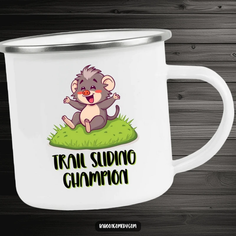 Funny Kawaii Baboon Camping Mug: Cute baboon sliding down a hill, ready for outdoor fun and hot beverages, a durable companion.
