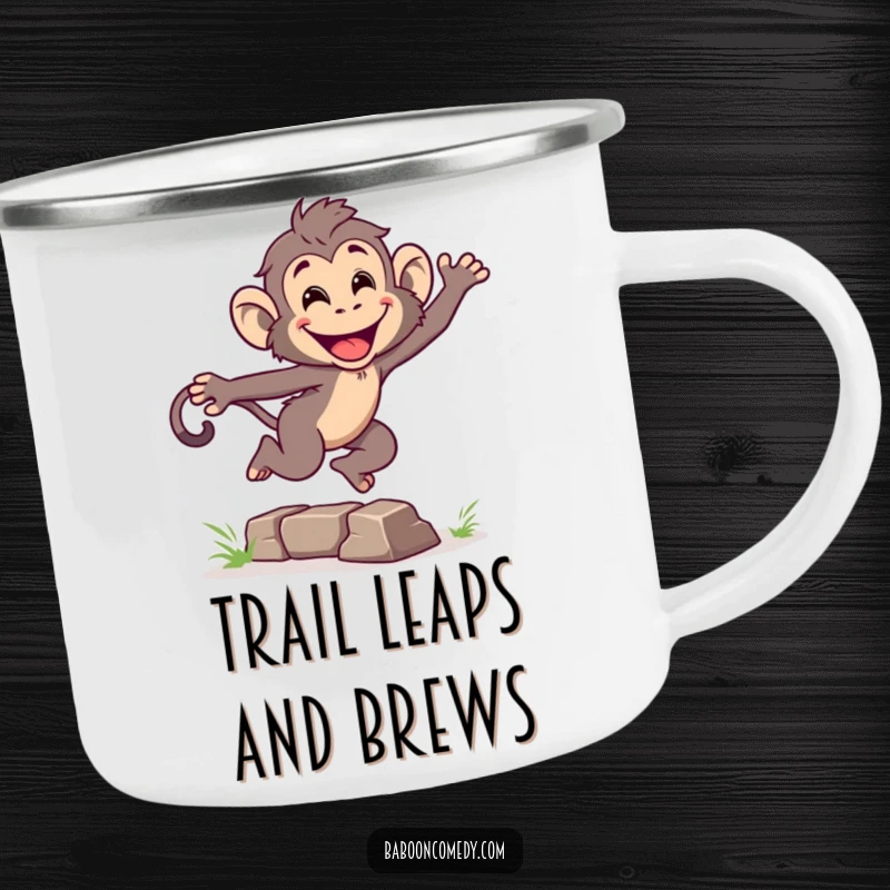 Funny camping mug with an energetic baboon leaping over a small obstacle with a grin, perfect for enjoying drinks during adventures.