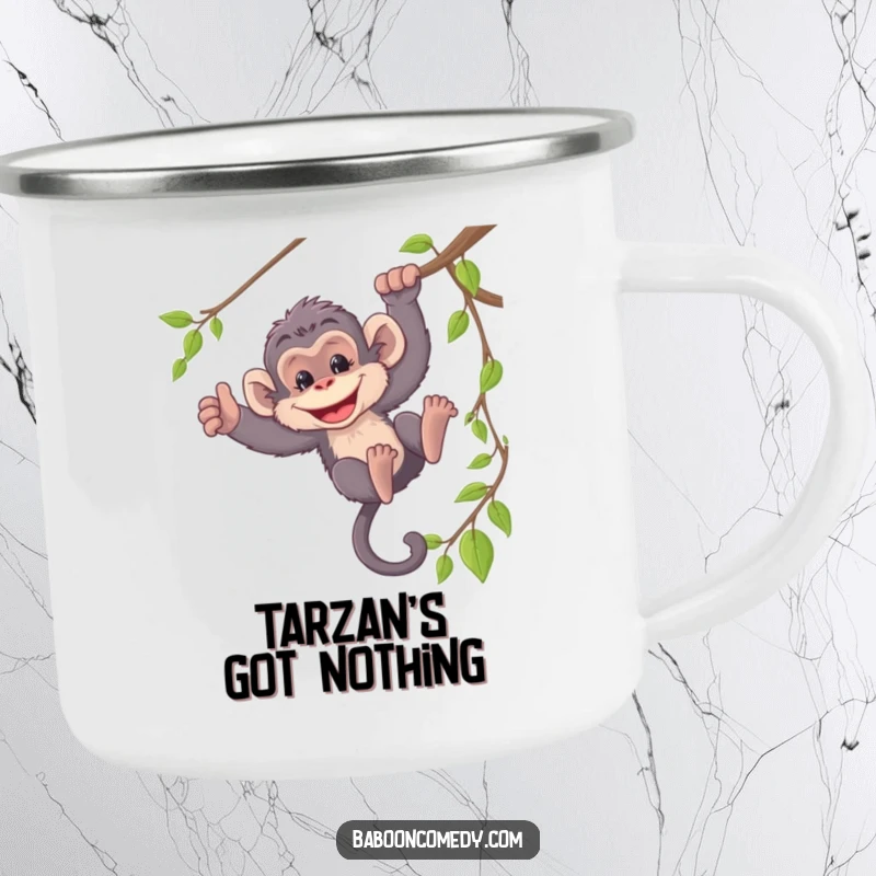 Funny camping mug featuring a mischievous baboon swinging from a vine, ideal for outdoor adventures and a dose of humor.