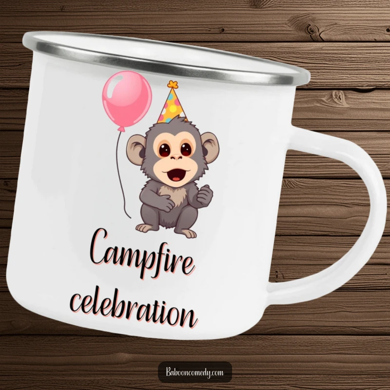 Funny camping mug with a surprised baboon in a party hat holding a balloon, ready for outdoor festivities.