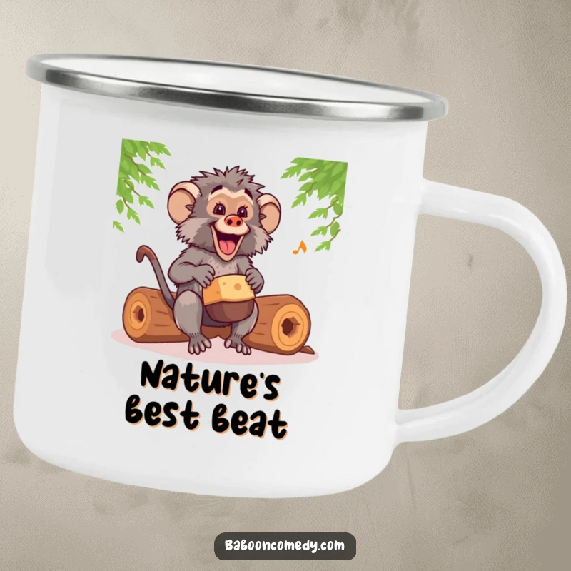 Funny kawaii baboon drummer camping mug, enjoying the outdoors while drumming happy rhythms on hollow logs, rugged and humorous.