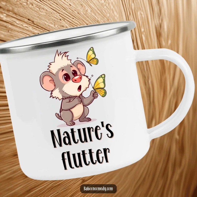 Funny camping mug showing a baboon’s surprised reaction to a fluttering butterfly, a perfect companion for nature lovers.
