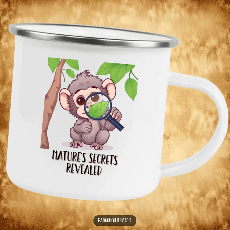 Funny camping mug featuring a curious baboon peering through a magnifying glass at a leaf, for the inquisitive camper.