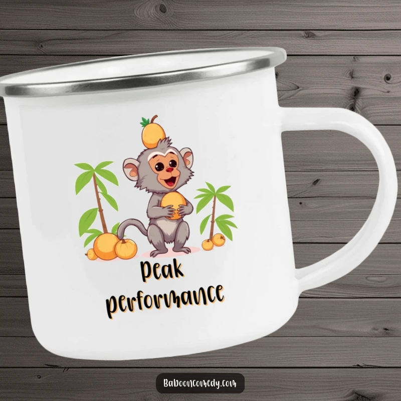 Funny kawaii baboon camping mug illustration of a primate balancing coconuts on its head in an outdoor setting.