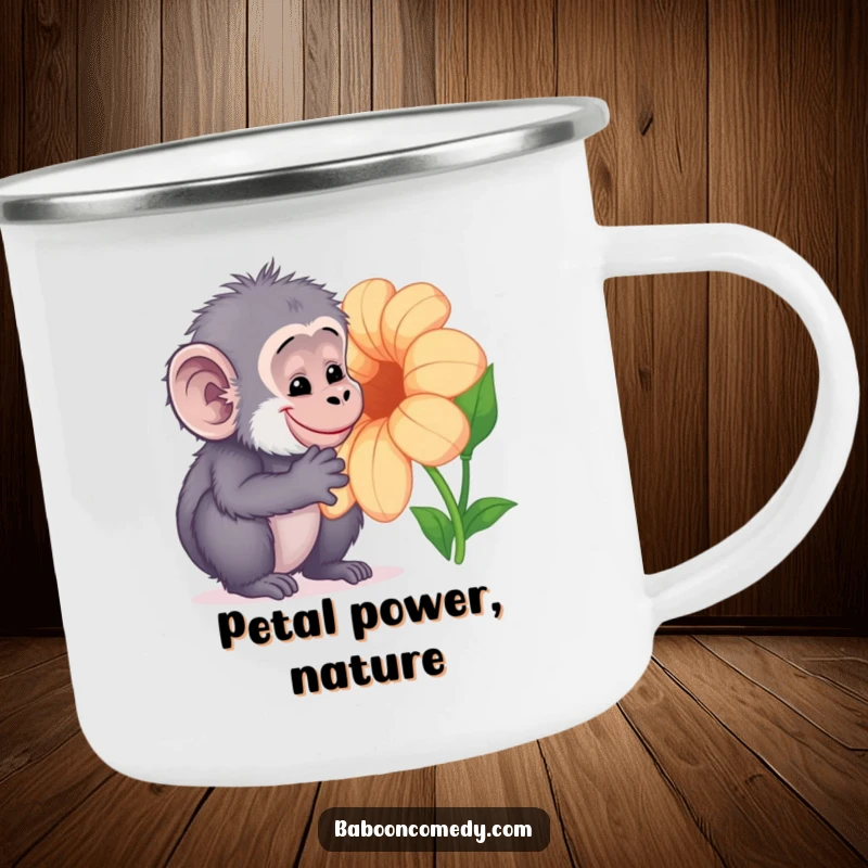 Funny Kawaii baboon camping mug, showing a curious primate gently examining a large, colorful flower, perfect for nature appreciation.