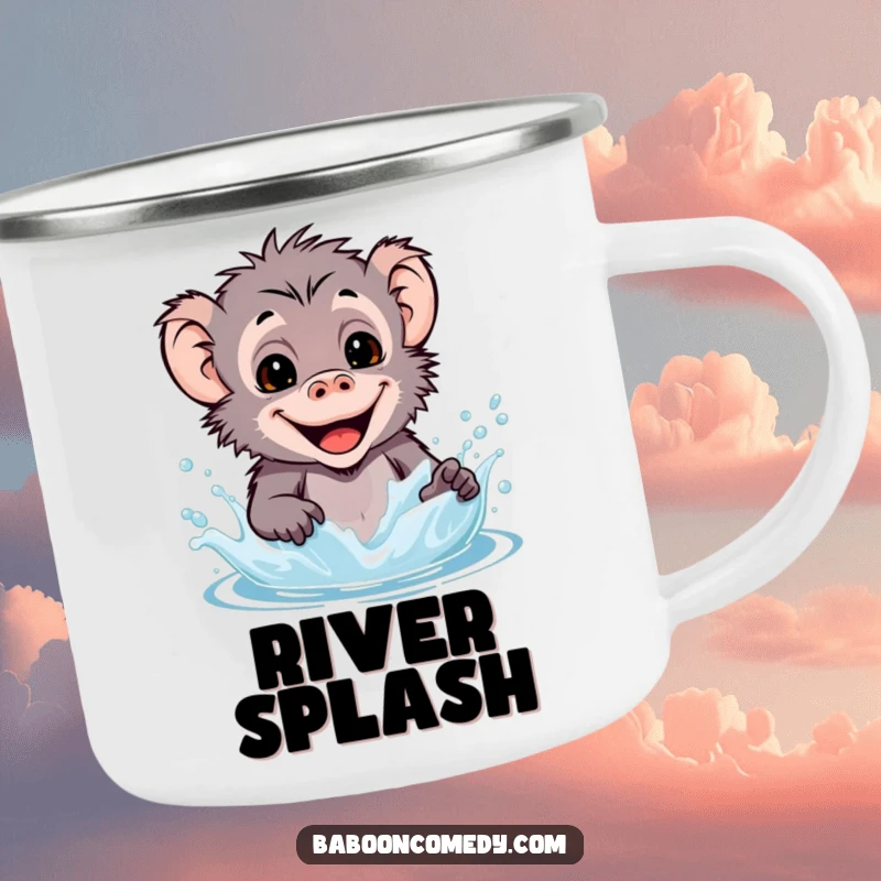 Funny kawaii baboon camping mug illustration of a happy primate splashing water, perfect for any outdoor setting.