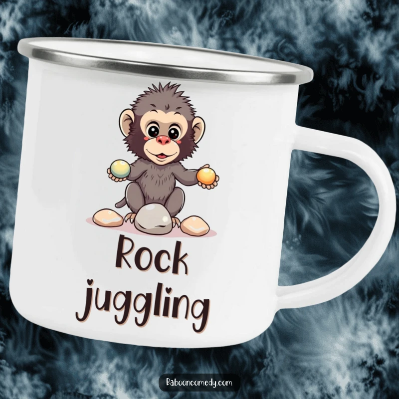 Funny kawaii baboon camping mug illustration of a primate attempting to juggle pebbles outdoors.