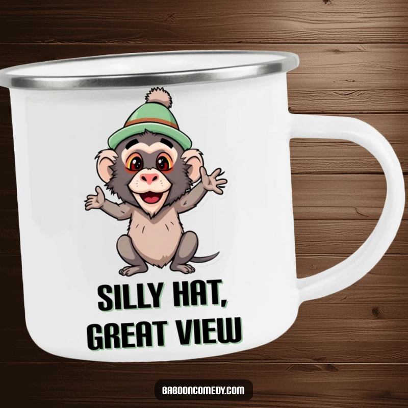 Funny baboon camping mug, a primate wearing a silly hat and striking a funny pose, ideal for enjoying drinks outdoors with a smile.