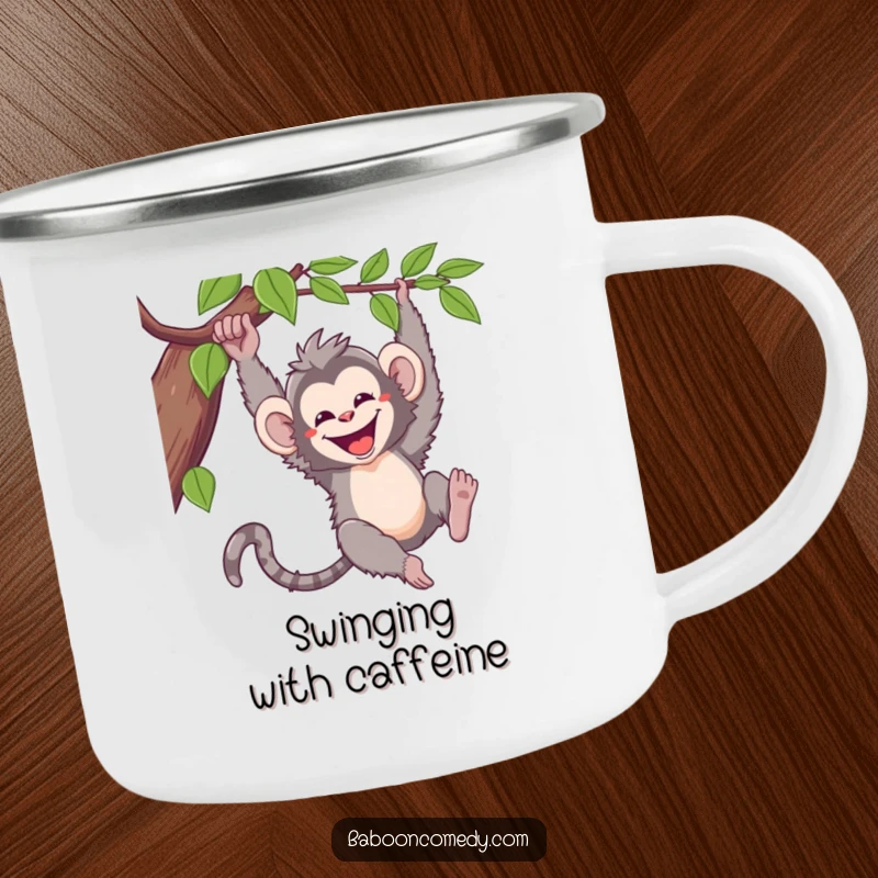 Funny kawaii baboon camping mug, a happy primate swinging from a vine, ideal for enjoying drinks around the campfire with a smile.