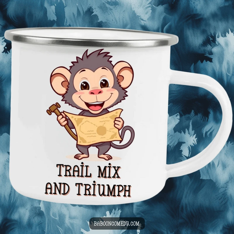 Funny baboon camping mug depicting a treasure map, ideal for adventurers wanting a durable and humorous funny gift.