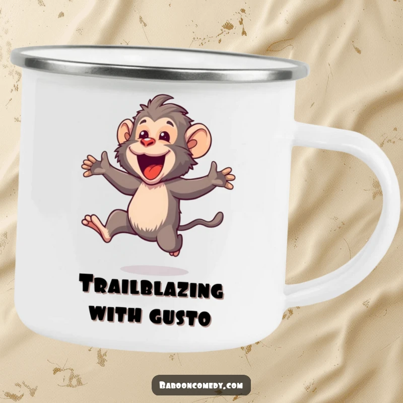 Funny Kawaii baboon camping mug, showing a happy primate joyfully leaping with an open mouth, perfect for outdoor fun.