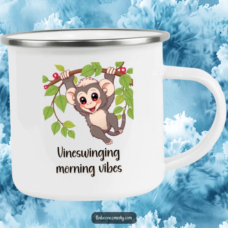 Funny Camping Mug: Playful kawaii baboon swinging from a vine, designed for outdoor adventures and spirited sipping.