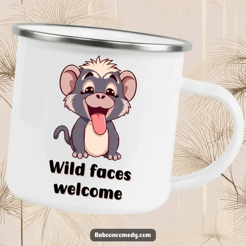 Funny Kawaii baboon camping mug, featuring a cute primate making a funny face and sticking its tongue out playfully.