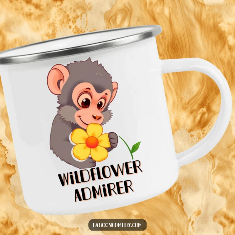 Funny baboon character curiously inspecting a colorful flower on a durable camping mug. Perfect for nature lovers on the go.