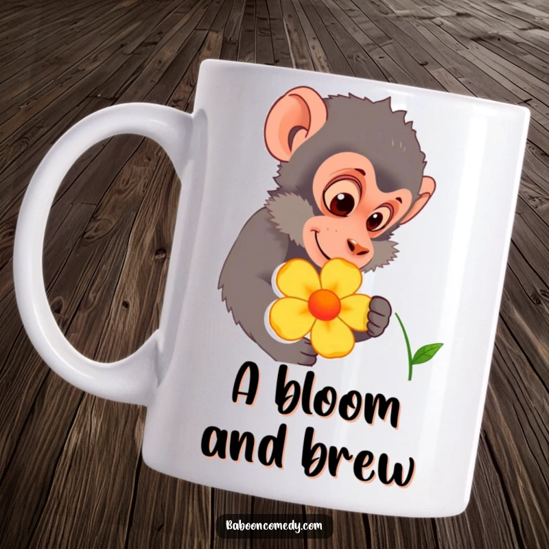 Funny baboon character curiously leaning in to inspect a vibrant, colorful flower. A charming mug for nature enthusiasts.