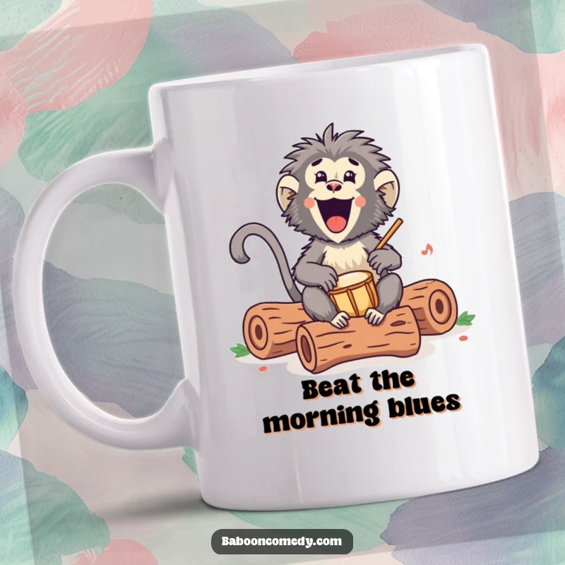 Funny Kawaii baboon mug, enthusiastically drumming on hollow logs with a happy, rhythmic tempo, bringing joy and energy.