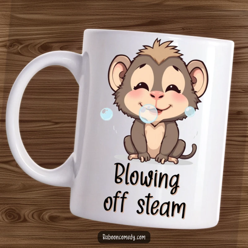 Funny baboon mug with puffed cheeks blowing colorful bubbles, capturing playful innocence, a perfect funny gift.