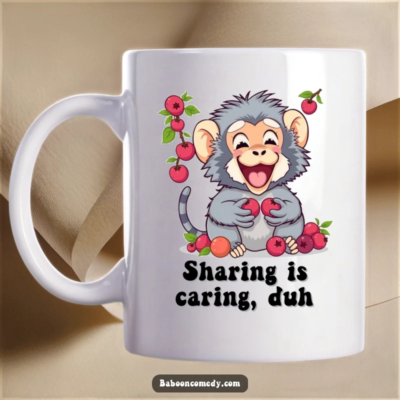 Funny mug featuring a baboon excitedly offering a pile of berries to a smiling friend, showcasing pure happiness and generosity.