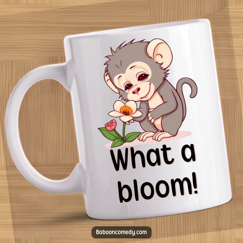 Funny mug showing a curious baboon with a look of delight examining a peculiar, colorful flower.