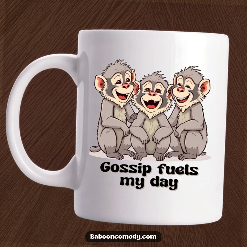 Funny Baboon Friends Mug: A group of animated baboon characters chattering and laughing together. Depicts joyful social interaction and humor.