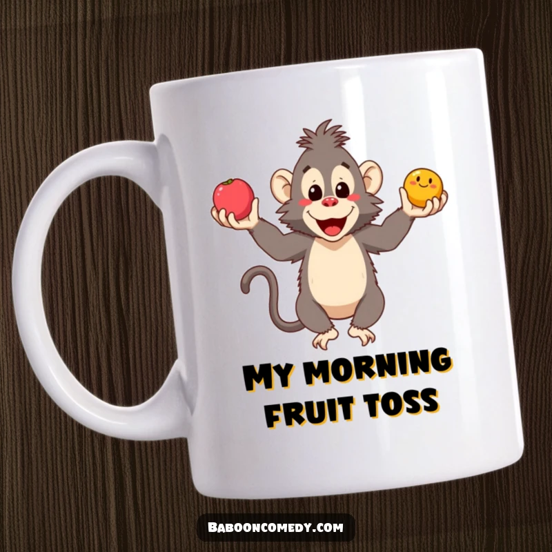 Funny baboon mug showing a smiling primate expertly juggling three colorful round fruits, radiating pure joy and comedic talent.