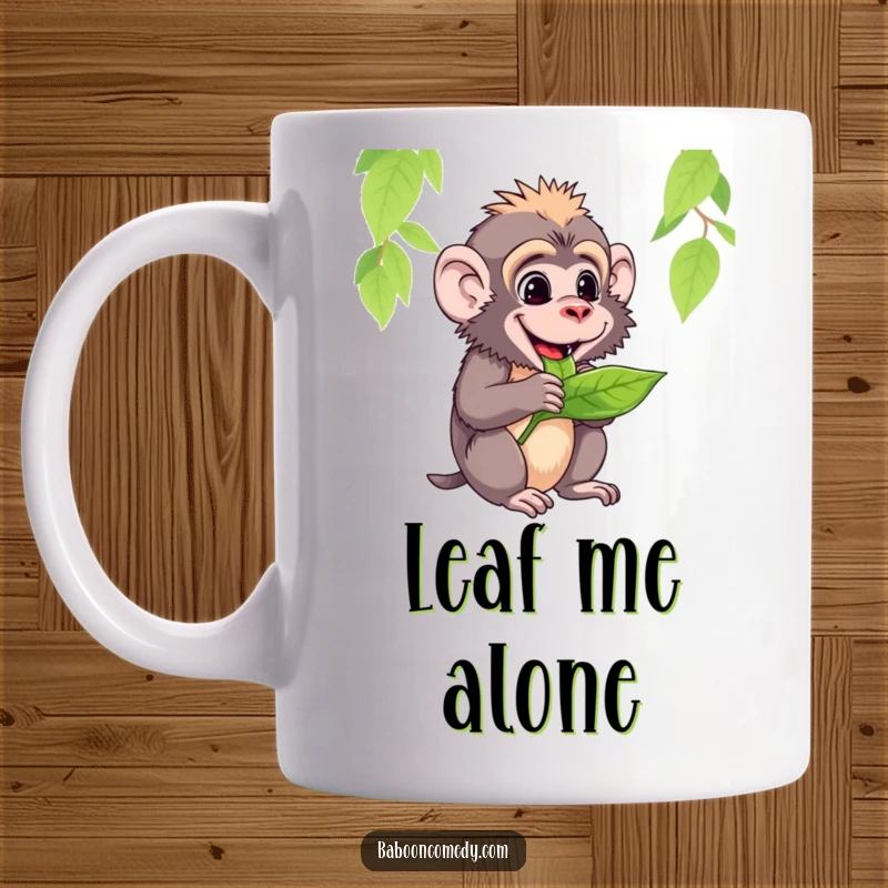 Funny mug showing a baboon contentedly chewing on a fresh, tasty green leaf with a blissful expression.