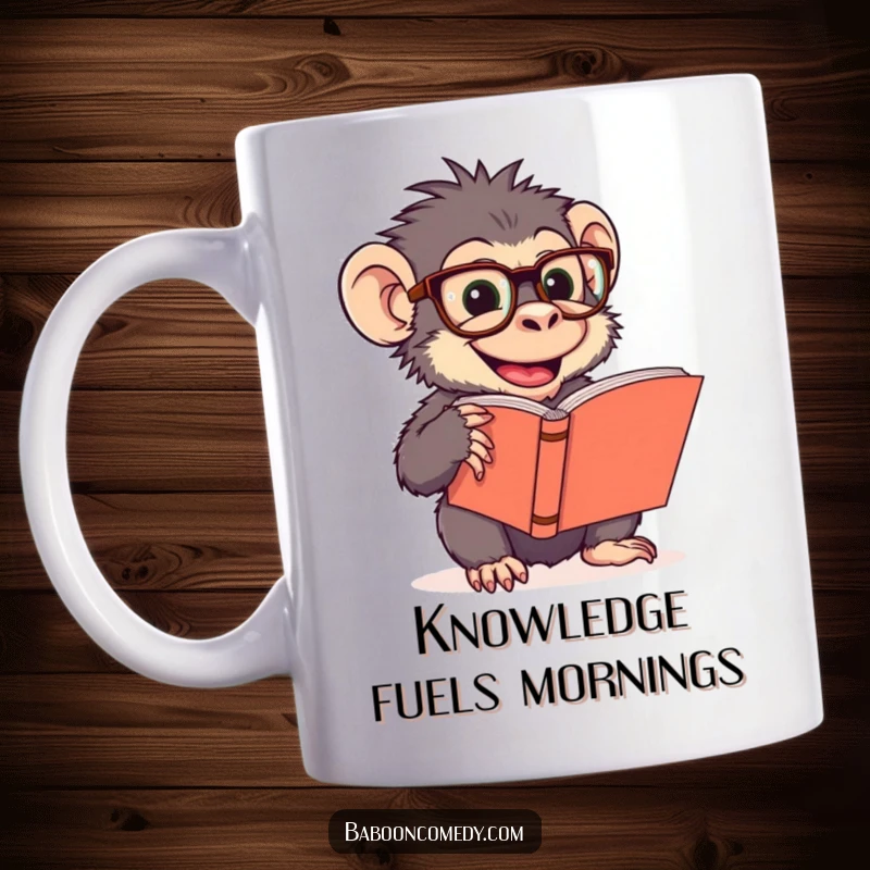 Funny mug features a giggling baboon character wearing comically large glasses, absorbed in reading a massive book with great amusement.