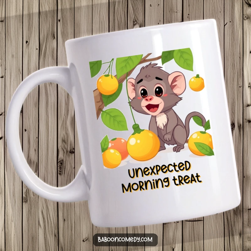 Funny baboon mug showing a surprised character as a fruit falls, capturing a comical moment, a perfect funny gift.