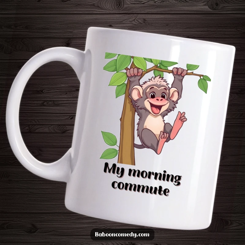 Funny baboon character gleefully swinging from a jungle vine, capturing a moment of wild, energetic fun. Perfect for coffee and humor lovers.