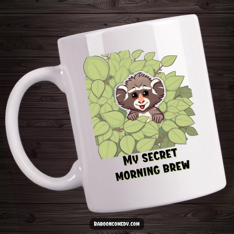 Funny mug featuring a cheeky baboon character peeking playfully from behind a large, leafy green bush, exuding curiosity and mischief.