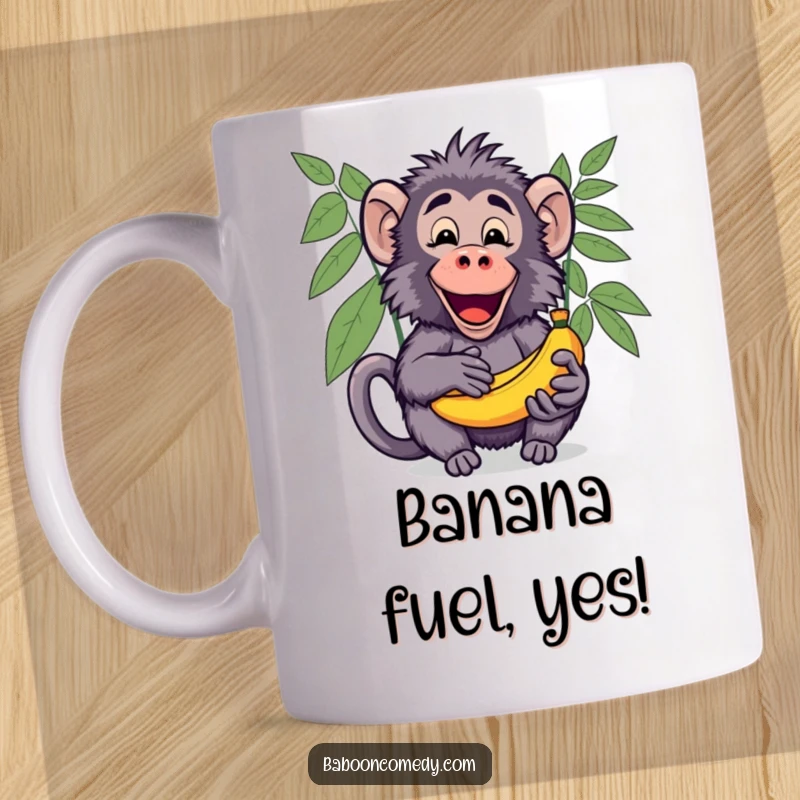 Funny Kawaii Baboon Mug, showing a happy baboon excitedly sharing a bunch of ripe bananas with an open palm.