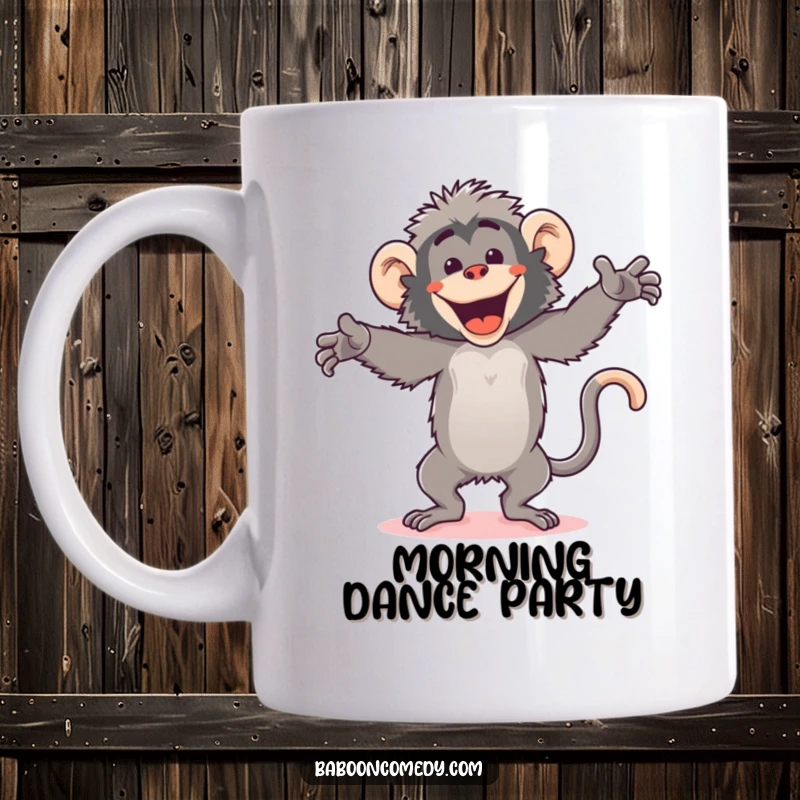 Funny kawaii baboon energetically dancing with arms flailing wildly and a huge, silly grin, full of uninhibited joy.