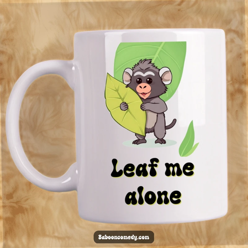 Funny Kawaii Baboon Mug: Cute baboon posing with a large exotic leaf held like a shield, looking determined yet adorable.