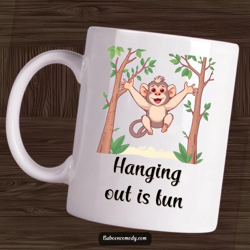Funny Kawaii Baboon Mug: An adorable baboon with extra-long arms playfully swinging through trees. Cute and humorous primate action.