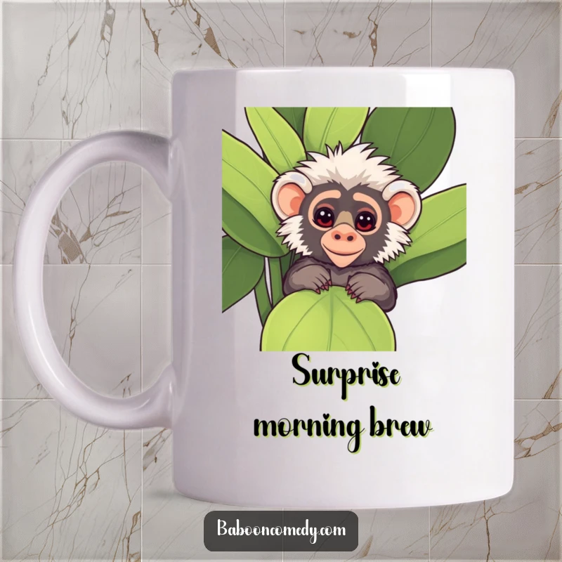 Funny Kawaii Baboon Mug, peeking mischievously from behind a large, leafy plant with wide, playful eyes.