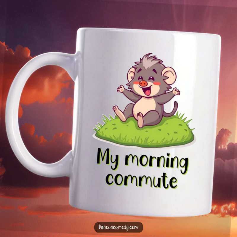 Funny Kawaii Baboon Mug: Adorable baboon sliding down a grassy hill with a huge smile, capturing pure, unadulterated joy.