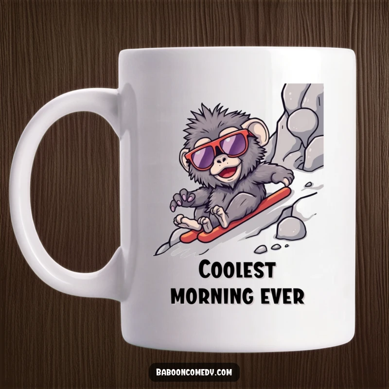 Funny kawaii baboon mug, a cool primate wearing oversized sunglasses, joyfully sliding down a steep, rocky slope in style.