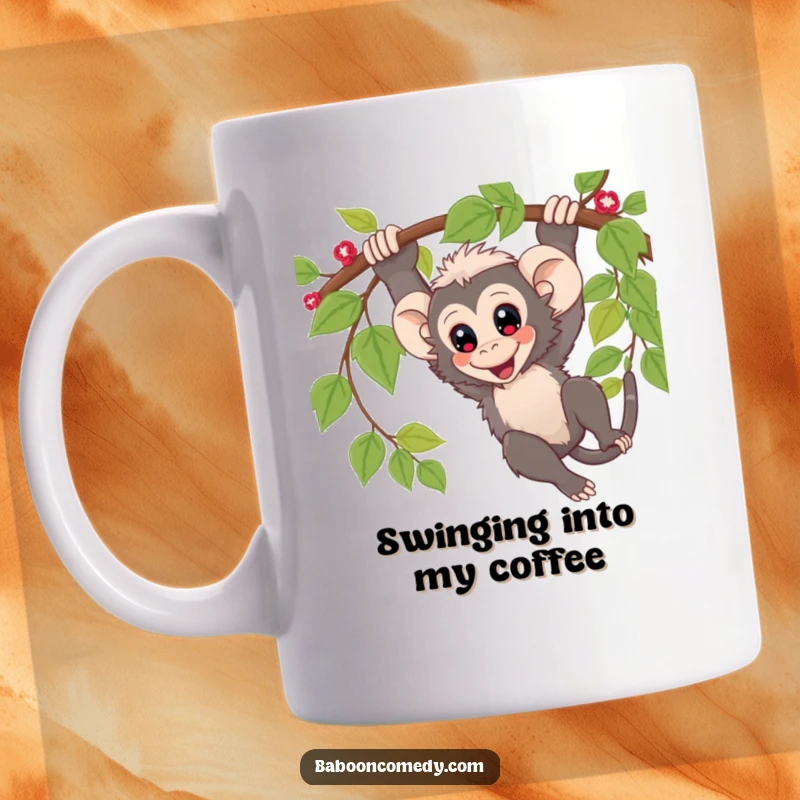 Funny Mug: Energetic kawaii baboon with wide eyes, playfully swinging from a vine with pure delight and excitement.