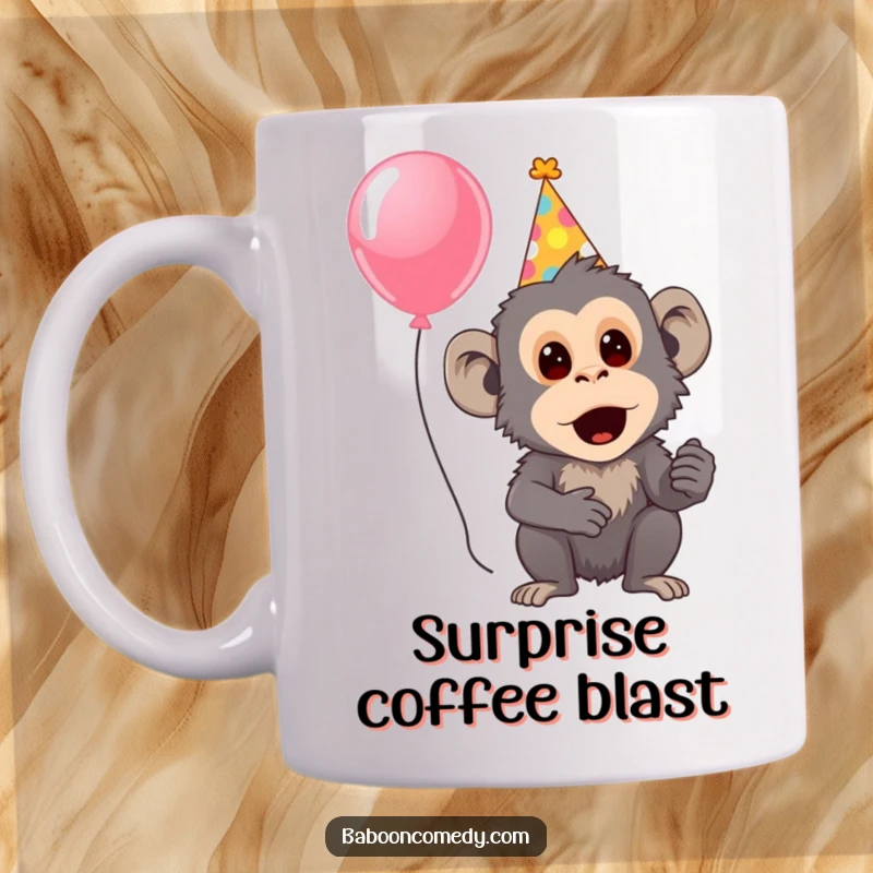 Funny mug featuring a surprised baboon in a party hat, holding a balloon, ready for a festive celebration.